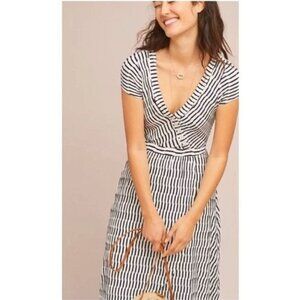 Maeve Anthropologie Paladino Black White Stripe Faux Wrap Midi Dress Size Large